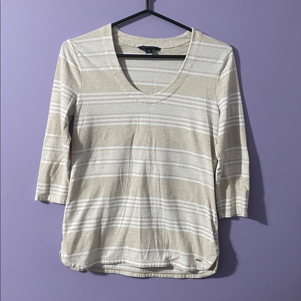 Tommy Hilfiger Size S Beige and White Striped Top with Gold Embellishments